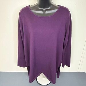 Tahari Knit Top Womens 1X Purple Sharkbite Hem Long Sleeve Crew Neck Tunic